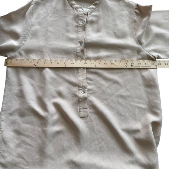 ZARA Tan Lyocell Blend Button-Up Shirt Minimalist Collarless Long Sleeve Blouse - Picture 9 of 10
